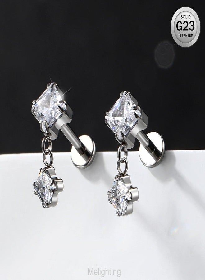 Melighting 16G Threaded Earring Titanium G23 Dangle Cartilage Earring Square Threadless Push in Flat Back Earring Clear CZ Helix Earring Labret Tragus Stud for Women 6 mm - Image 3