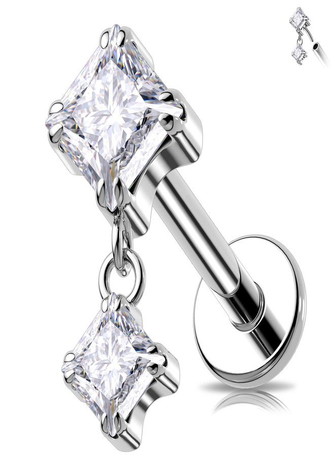 Melighting 16G Threaded Earring Titanium G23 Dangle Cartilage Earring Square Threadless Push in Flat Back Earring Clear CZ Helix Earring Labret Tragus Stud for Women 6 mm - Image 1
