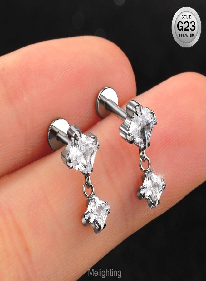 Melighting 16G Threaded Earring Titanium G23 Dangle Cartilage Earring Square Threadless Push in Flat Back Earring Clear CZ Helix Earring Labret Tragus Stud for Women 6 mm - Image 2