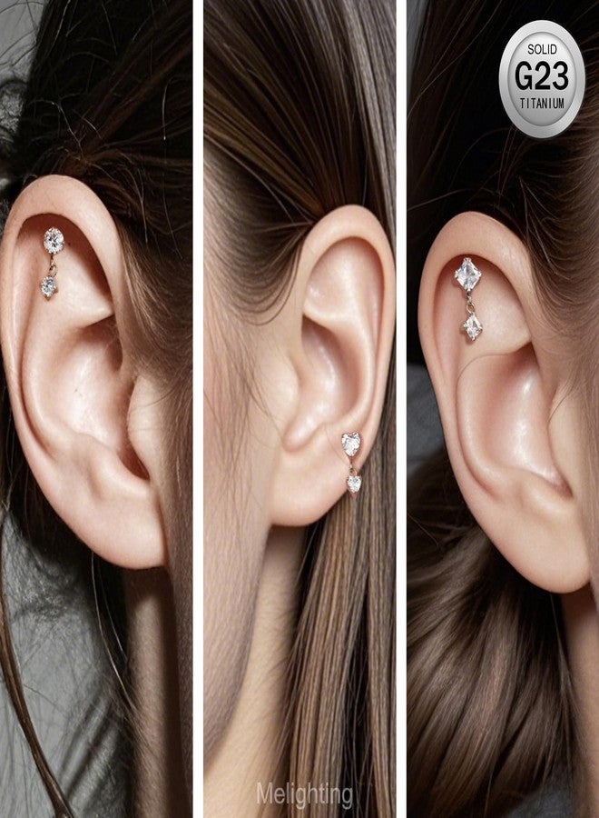 Melighting 16G Threaded Earring Titanium G23 Dangle Cartilage Earring Square Threadless Push in Flat Back Earring Clear CZ Helix Earring Labret Tragus Stud for Women 6 mm - Image 5