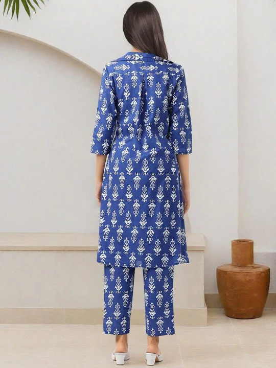 ISHIN Women'S Blue 100% Cotton Embellished Tunic Full Length Pleat Front Straight Fit Co Ords