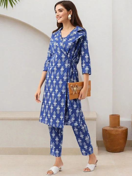ISHIN Women'S Blue 100% Cotton Embellished Tunic Full Length Pleat Front Straight Fit Co Ords