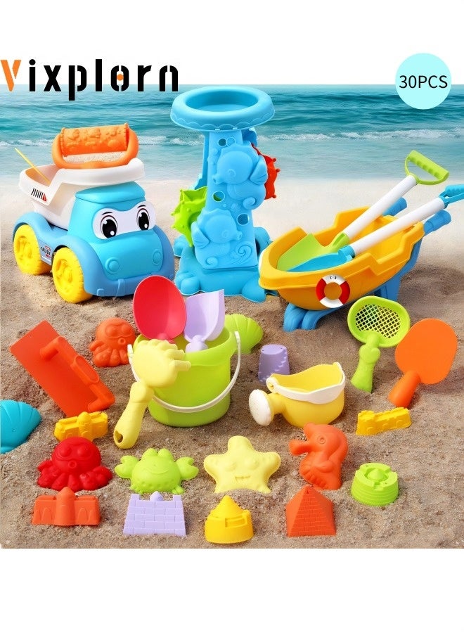 Vixplorn Beach Toy, 30 Pieces Beach Toy Children, Beach Sand Toy Set with Water Wheel, Bucket, Sand Moulds, Sand Shovel, Mesh Bag, Sandpit Toy for Children 3+ Years (Random Colour) - Image 1