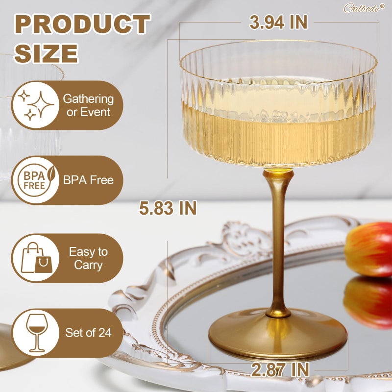 CALBODE 24Pcs Plastic Martini Glasses with Detachable Gold Stem, 10oz Plasitc Ribbed Coupe Glasses Gold Rim Vintage Cocktail Glassware Set for Birthday Party Engagement Wedding Anniversary (Clear) - Image 2