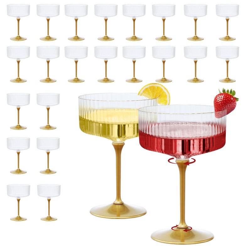 CALBODE 24Pcs Plastic Martini Glasses with Detachable Gold Stem, 10oz Plasitc Ribbed Coupe Glasses Gold Rim Vintage Cocktail Glassware Set for Birthday Party Engagement Wedding Anniversary (Clear) - Image 1