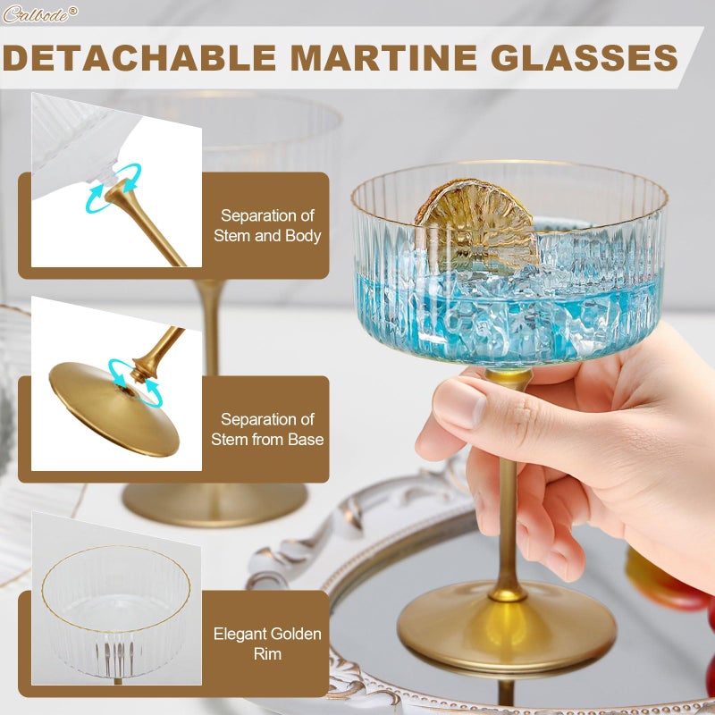 CALBODE 24Pcs Plastic Martini Glasses with Detachable Gold Stem, 10oz Plasitc Ribbed Coupe Glasses Gold Rim Vintage Cocktail Glassware Set for Birthday Party Engagement Wedding Anniversary (Clear) - Image 3