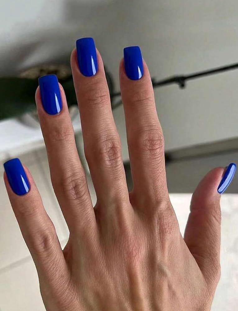 Suerte Press On Nails tips royal electric Blue french Solid Color Gradient Glossy 24pcs Press On French Nails Medium Hailey Manicure nail art trendy, Fake acrylic nails with glue kit - Image 1