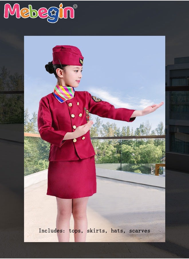 MEBEGIN - 4PCS Flight Attendant Suit, Stewardess Uniform Set with Top, Skirt, Hat and Scarf, Girl's Aerospace Flight Attendant Uniform, Stewardess Costume for Cosplay, Stage Performance and Themed Party - Image 1