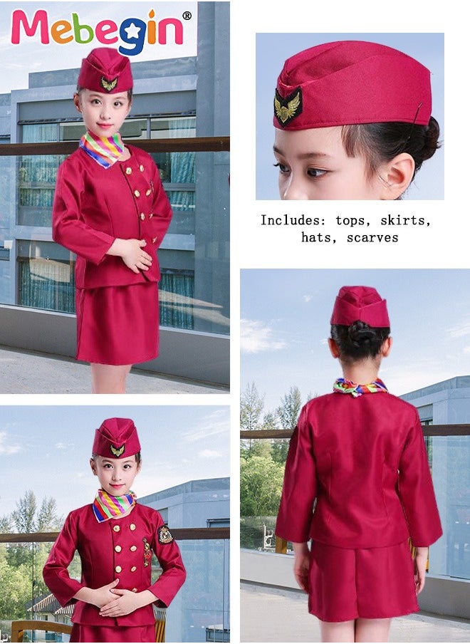 MEBEGIN - 4PCS Flight Attendant Suit, Stewardess Uniform Set with Top, Skirt, Hat and Scarf, Girl's Aerospace Flight Attendant Uniform, Stewardess Costume for Cosplay, Stage Performance and Themed Party - Image 1