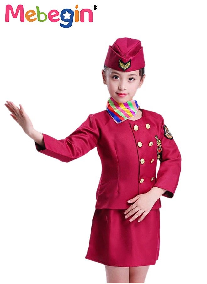 MEBEGIN - 4PCS Flight Attendant Suit, Stewardess Uniform Set with Top, Skirt, Hat and Scarf, Girl's Aerospace Flight Attendant Uniform, Stewardess Costume for Cosplay, Stage Performance and Themed Party - Image 1
