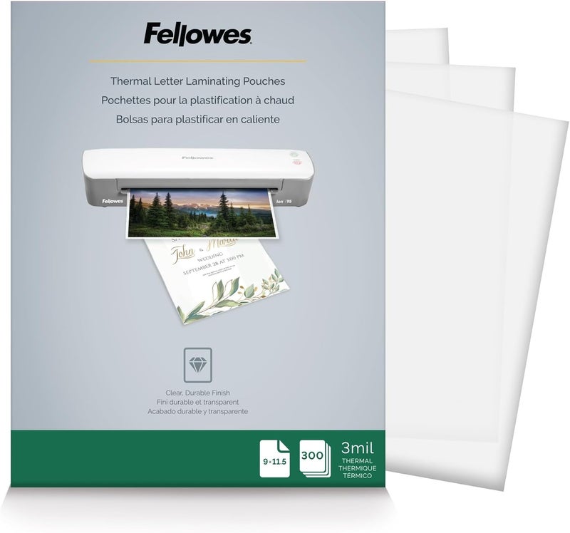 Fellowes أكياس الترقق الحراري، أوراق بحجم رسالة، 3 مل، 300 عبوة، شفاف (5247101) - Image 1