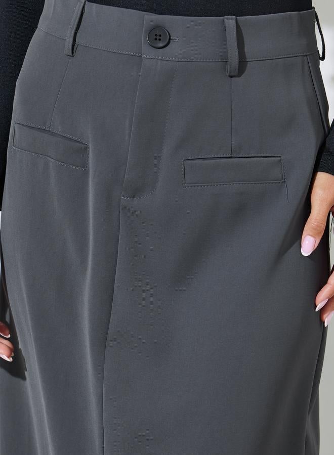 Styli Grey Solid Pocket Details Straight Midi Skirt - Image 4