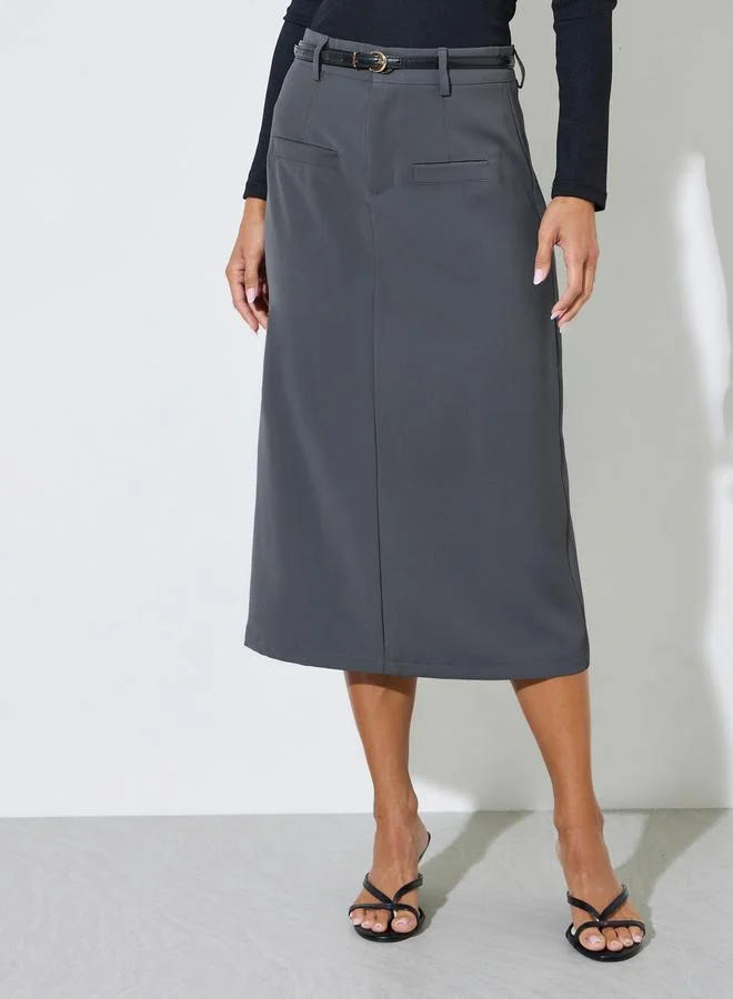 Grey Solid Pocket Details Straight Midi Skirt
