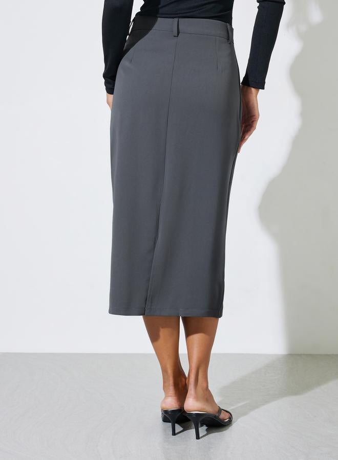 Styli Grey Solid Pocket Details Straight Midi Skirt - Image 5