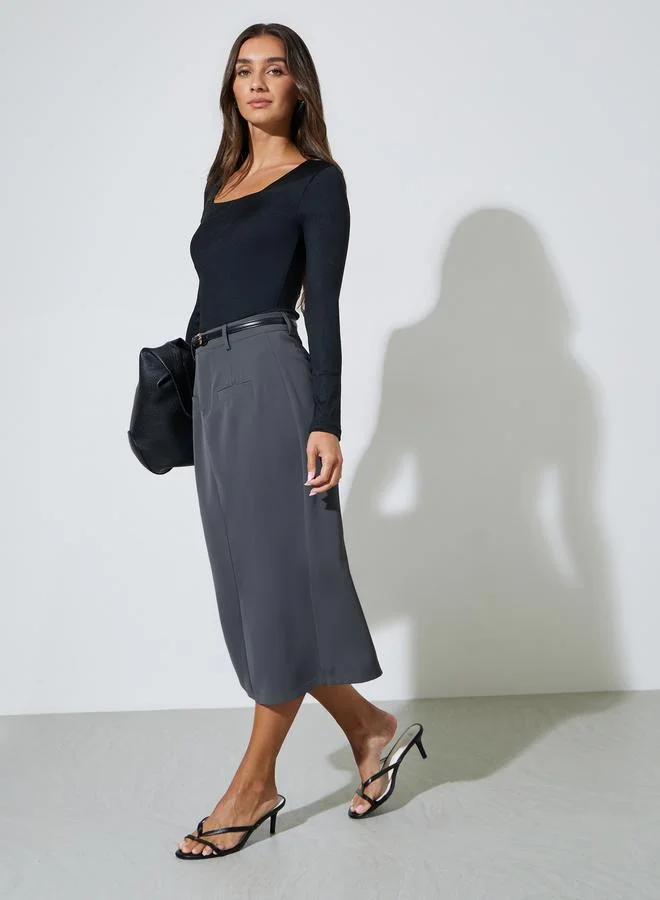 Styli  Grey Solid Pocket Details Straight Midi Skirt for Women | Best Price UAE