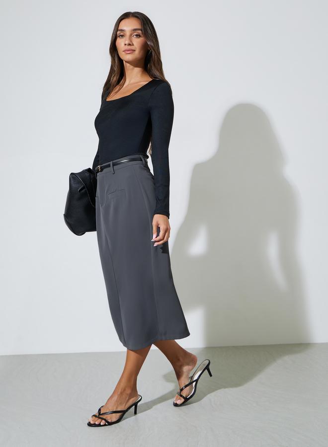 Styli Grey Solid Pocket Details Straight Midi Skirt - Image 2