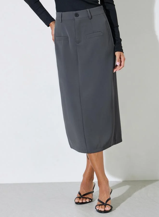 Styli  Grey Solid Pocket Details Straight Midi Skirt for Women | Best Price UAE