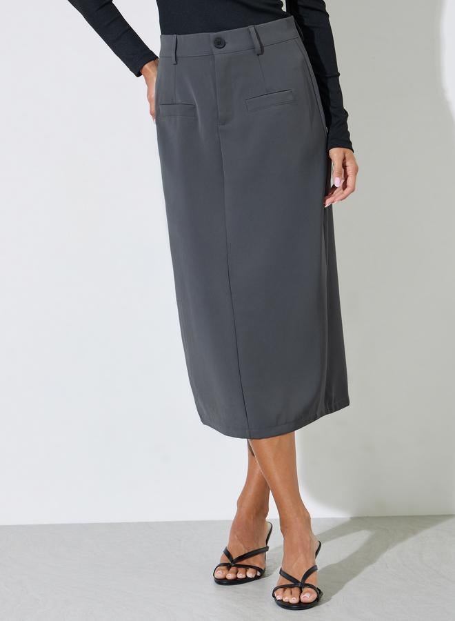 Styli Grey Solid Pocket Details Straight Midi Skirt - Image 3