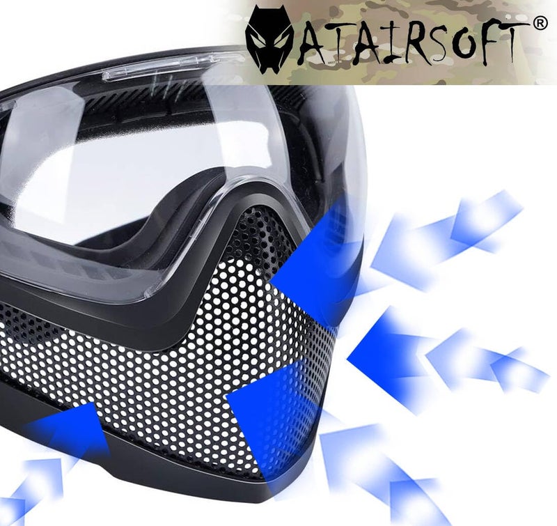 ATAIRSOFT 2 Modes Airsoft Mask Full Face Tactical Safety Protective Mask Anti-Fog Goggles Set with 3 Interchangable Lens (Black) - Image 2