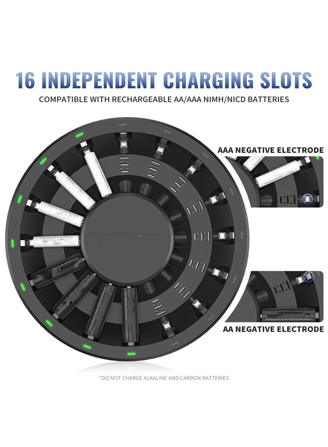 16 Bay AA AAA Battery Charger (Updated, High Speed Charging) with Smart LED Light and Plug, for Rechargeable Batteries and More - Image 2