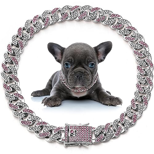 LEIFIDE Dog Chain Collar Diamond Link Puppy Collar 12 mm Wide Dog Necklace Metal Cat Chain Pet Crystal Necklace Jewelry Accessories for Small Medium Large Pet12 InchSilver Pink White - Image 1