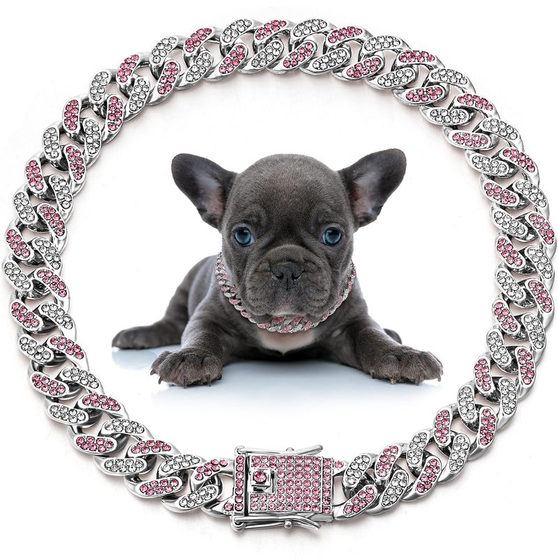 LEIFIDE Dog Chain Collar Diamond Link Puppy Collar 12 mm Wide Dog Necklace Metal Cat Chain Pet Crystal Necklace Jewelry Accessories for Small Medium Large Pet12 InchSilver Pink White - Image 2