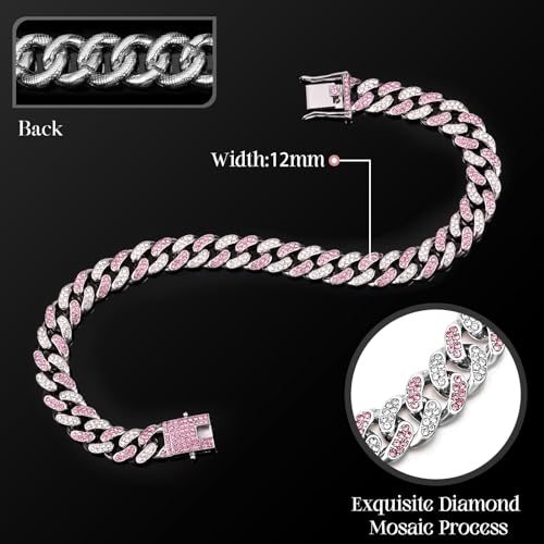LEIFIDE Dog Chain Collar Diamond Link Puppy Collar 12 mm Wide Dog Necklace Metal Cat Chain Pet Crystal Necklace Jewelry Accessories for Small Medium Large Pet12 InchSilver Pink White - Image 3