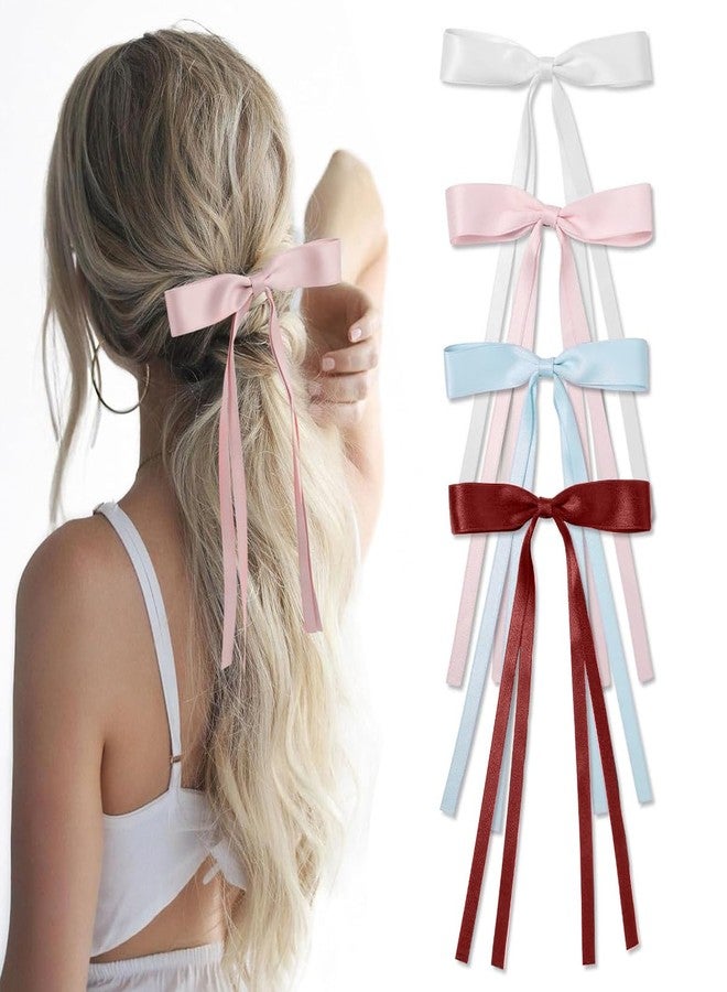 PALAY® 4 Pcs Bow Clips for Women Girls, Stylish Bowknot Hair Clip Tassel Ribbon Hair Bows for Women, Long Tail Barrettes Hair Accessories for Ponytail, Fishtail Braid & Updo - Image 1