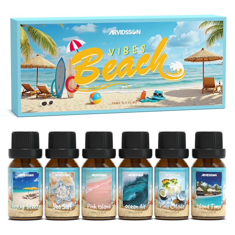 ARVIDSSON Beach Fragrance Oils Set Summer Essential Oils for Diffuser Beachy Breeze Ocean Air Pina Colada Pink Sand Sea Salt Island Time Tropical Scented Oil for Home Candle Making