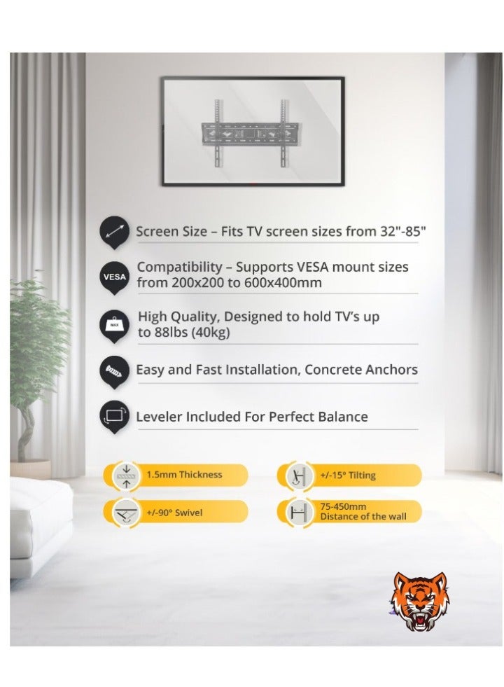 TIGER "Universal TV Wall Mount Bracket – Adjustable Heavy-Duty Design for 32”-85” LCD/LED TVs, Space-Saving, VESA Compatible (Black)"  - Image 2