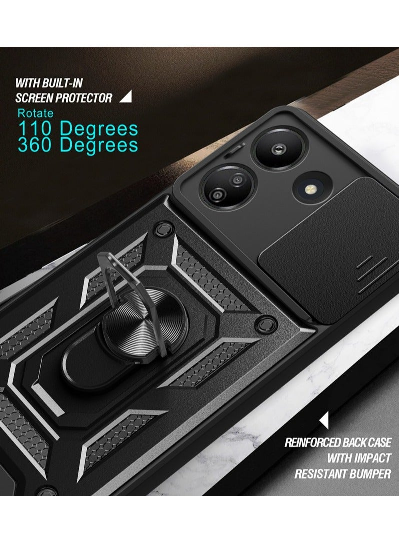 Xiaomi Redmi 13C 4G / Xiaomi Poco C65 4G Case, Slide Camera Lens Cover + 360°Rotating Kickstand Ring + Support Magnetic Car Mount Shockproof Mobile Phone Case - Image 5