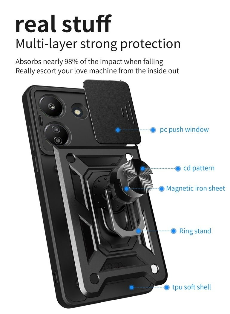 Xiaomi Redmi 13C 4G / Xiaomi Poco C65 4G Case, Slide Camera Lens Cover + 360°Rotating Kickstand Ring + Support Magnetic Car Mount Shockproof Mobile Phone Case - Image 4