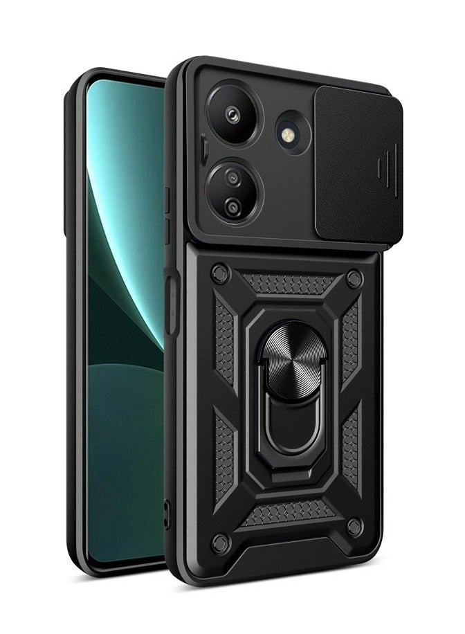 Xiaomi Redmi 13C 4G / Xiaomi Poco C65 4G Case, Slide Camera Lens Cover + 360°Rotating Kickstand Ring + Support Magnetic Car Mount Shockproof Mobile Phone Case - Image 1