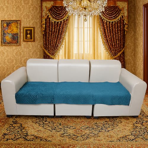 KINGLY Velvet Quilted L-Shape 7 Seater (4+3) Universal Sofa Protector – Premium Non-Slip Fit, Machine Washable Couch Mat for L-Shaped Sofa Set in Living Room (Green Blue, 2pc Set – 23x27 & 90x27) - Image 3