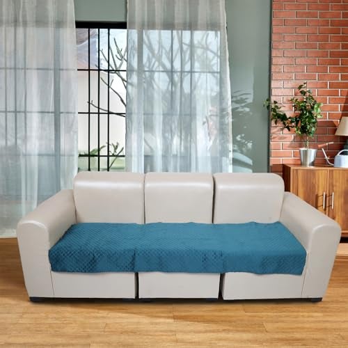 KINGLY Velvet Quilted L-Shape 7 Seater (4+3) Universal Sofa Protector – Premium Non-Slip Fit, Machine Washable Couch Mat for L-Shaped Sofa Set in Living Room (Green Blue, 2pc Set – 23x27 & 90x27) - Image 4
