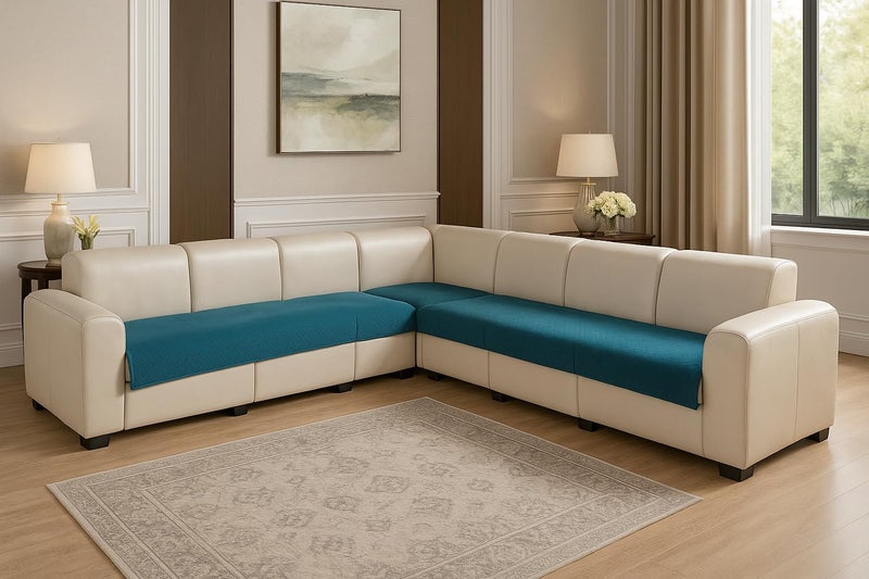 KINGLY Velvet Quilted L-Shape 7 Seater (4+3) Universal Sofa Protector – Premium Non-Slip Fit, Machine Washable Couch Mat for L-Shaped Sofa Set in Living Room (Green Blue, 2pc Set – 23x27 & 90x27) - Image 1