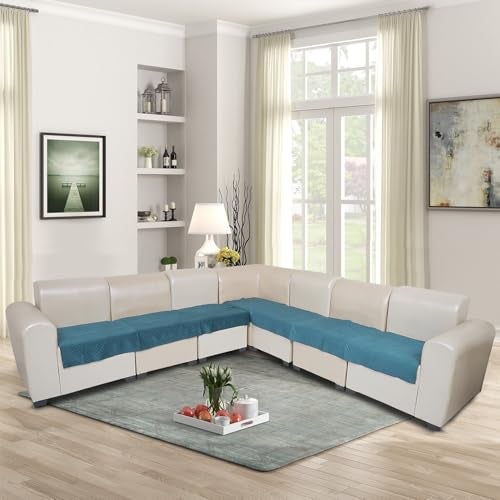 KINGLY Velvet Quilted L-Shape 7 Seater (4+3) Universal Sofa Protector – Premium Non-Slip Fit, Machine Washable Couch Mat for L-Shaped Sofa Set in Living Room (Green Blue, 2pc Set – 23x27 & 90x27) - Image 2