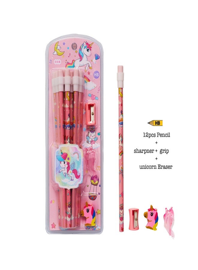 CherryBox Unicorn Pencils Stationary Kit - 12 Pencils Set with Grip Unicorn Eraser and Sharpner for Kids, Boys and Girls, Birthday Return Gift Stationary Set (Pink) - Image 2