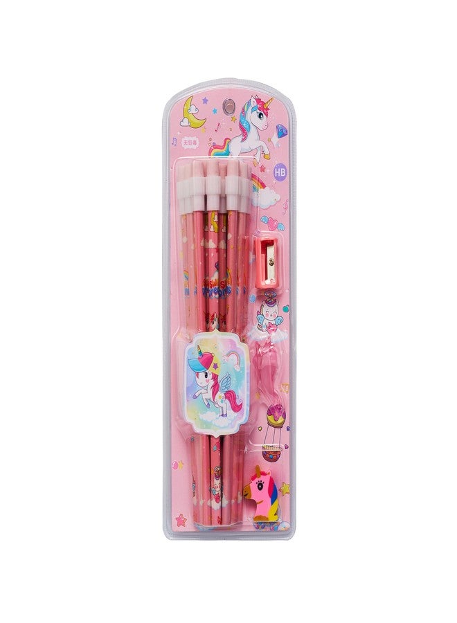CherryBox Unicorn Pencils Stationary Kit - 12 Pencils Set with Grip Unicorn Eraser and Sharpner for Kids, Boys and Girls, Birthday Return Gift Stationary Set (Pink) - Image 1