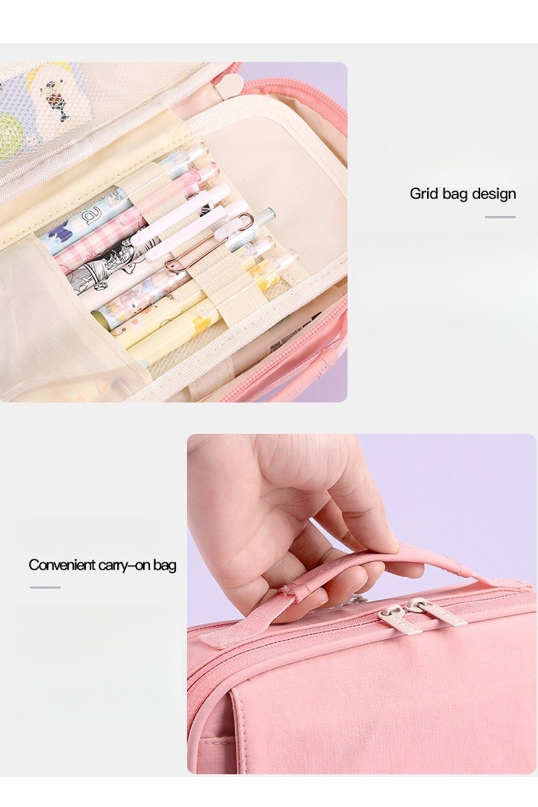 حقيبة أقلام كبيرة السعة بـ 5 طبقات مع جيب أمامي متعدد ومقبض حقيبة قرطاسية مدرسية للطلاب باللون الوردي - Image 2
