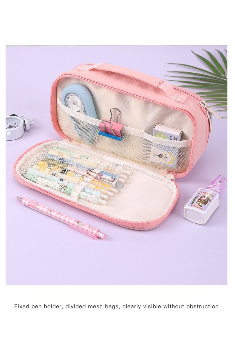 حقيبة أقلام كبيرة السعة بـ 5 طبقات مع جيب أمامي متعدد ومقبض حقيبة قرطاسية مدرسية للطلاب باللون الوردي