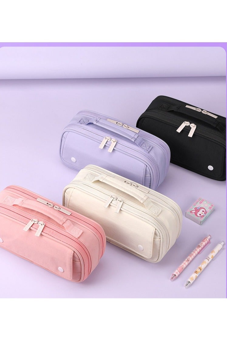 حقيبة أقلام كبيرة السعة بـ 5 طبقات مع جيب أمامي متعدد ومقبض حقيبة قرطاسية مدرسية للطلاب باللون الوردي