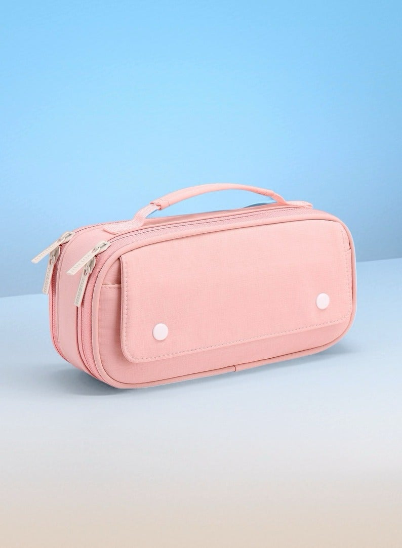 حقيبة أقلام كبيرة السعة بـ 5 طبقات مع جيب أمامي متعدد ومقبض حقيبة قرطاسية مدرسية للطلاب باللون الوردي - Image 1