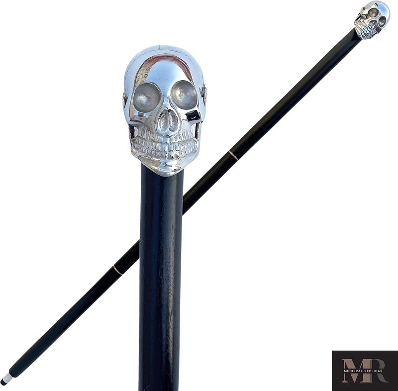Medieval Replicas Natural Three Fold Walking Stick Skull Handcrafted Strong Sturdy Wooden Hiking Cane with Brass Nickel Handle Ideal for Men or Women with Active Outdoor Lifestyle 36 Inch - Image 1