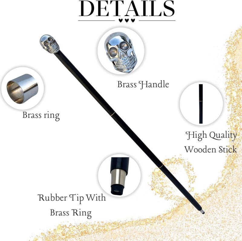 Medieval Replicas Natural Three Fold Walking Stick Skull Handcrafted Strong Sturdy Wooden Hiking Cane with Brass Nickel Handle Ideal for Men or Women with Active Outdoor Lifestyle 36 Inch - Image 3