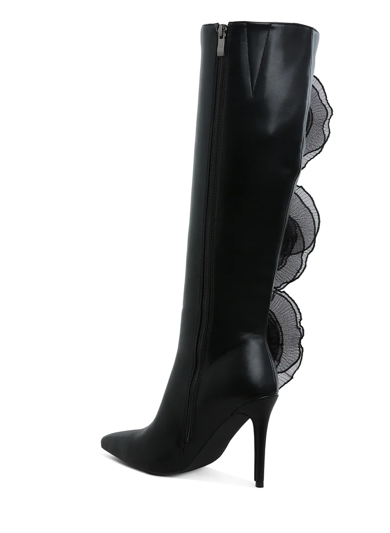 London Rag Sheer Big Rose Detail Long Boots in Black
