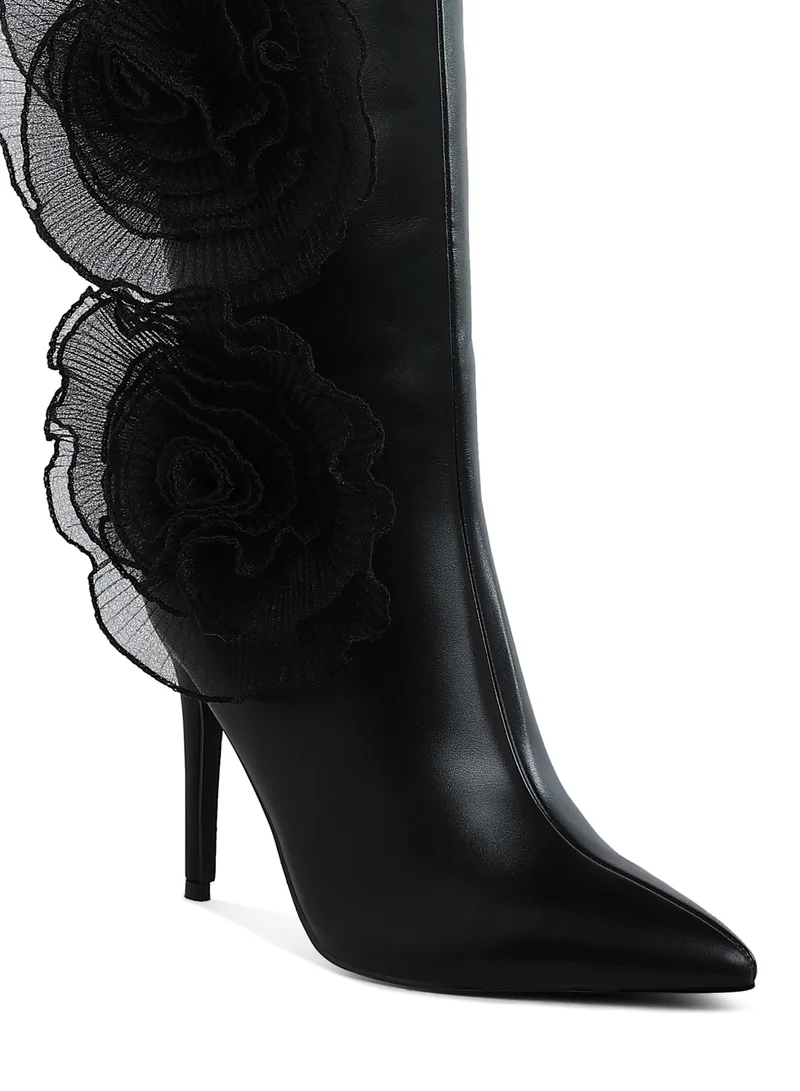 London Rag Sheer Big Rose Detail Long Boots in Black