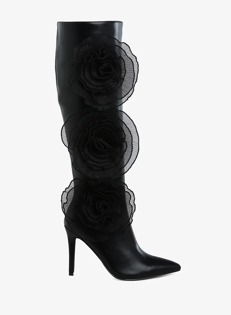 Sheer Big Rose Detail Long Boots in Black