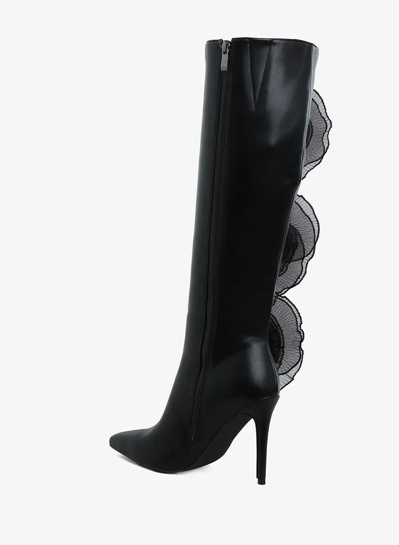London Rag Sheer Big Rose Detail Long Boots in Black