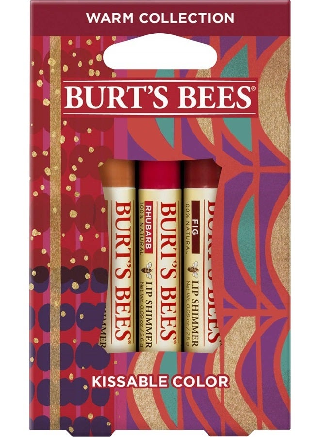 Burt's Bees مجموعة هدايا عيد الميلاد بألوان قابلة للتقبيل، 3 لمسات شفاه في صندوق هدايا، مجموعة دافئة في الفاوانيا، التين وراوند - Image 1